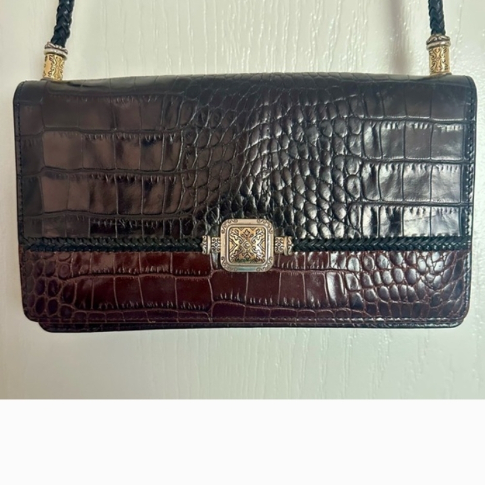 BRIGHTON CROC EMBOSSED BLACK/BROWN LEATHER ORGANIZER CROSSBODY